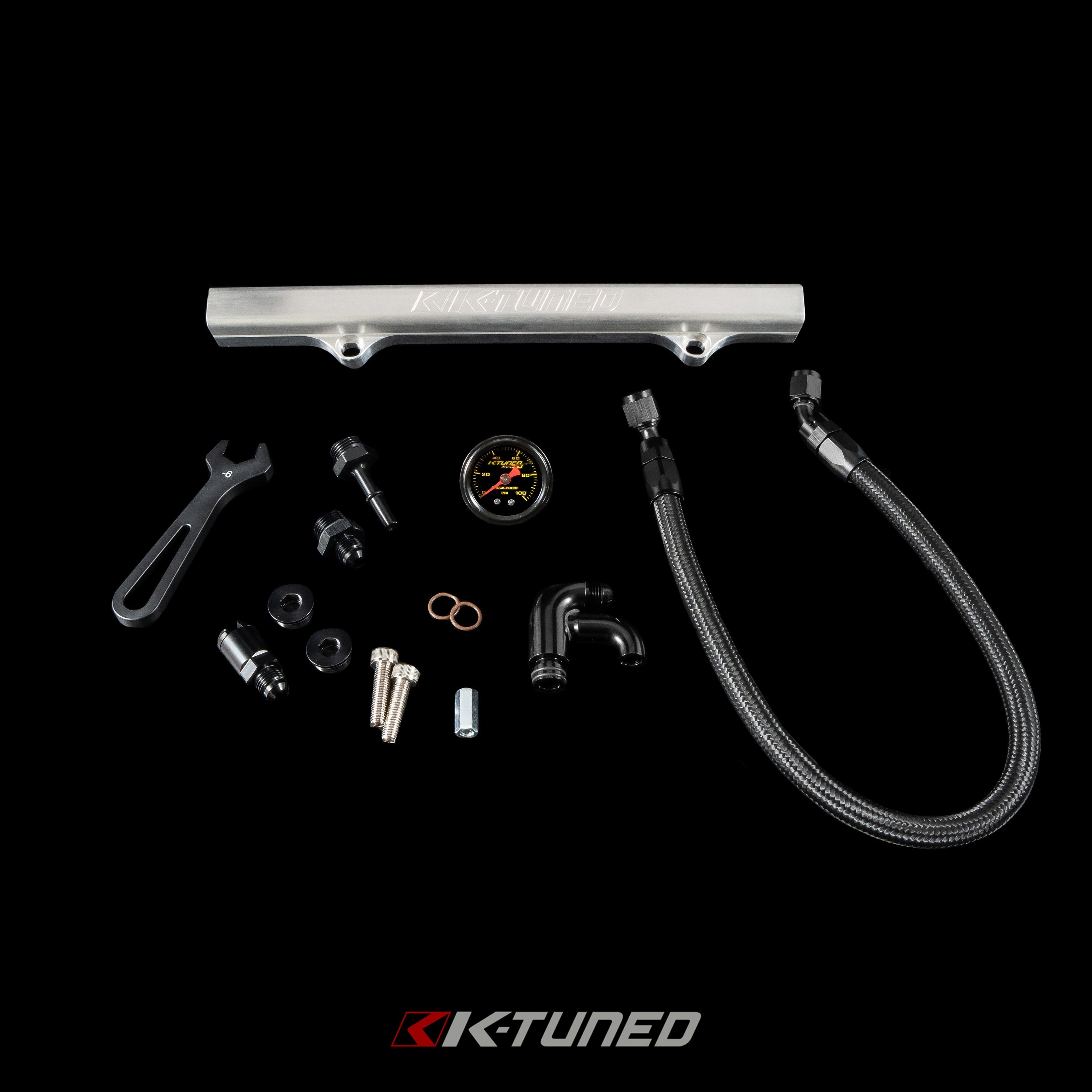 K-Tuned Fuel Line and Optional Fuel Rail Honda Civic EP3 Integra DC5 Type-R - Side Feed / Yes add center mount gauge / Brushed Fuel Rail β K-Tuned for Honda K-Series (KTD-KSG-BRS)