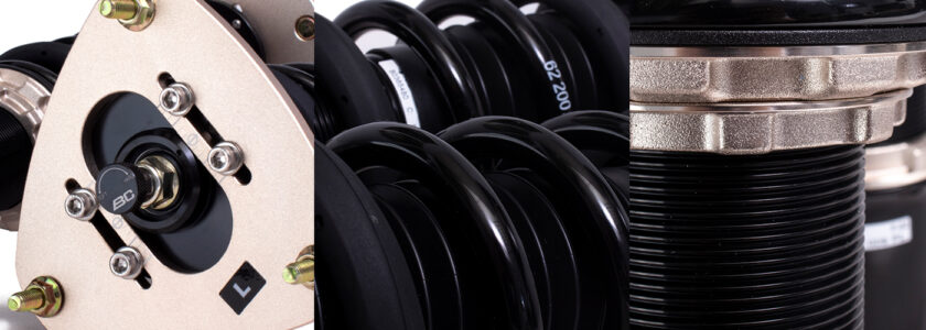 BC Racing DS Series coilovers for BMW E30 with 51mm front struts and camber-adjustable pillowball top mounts