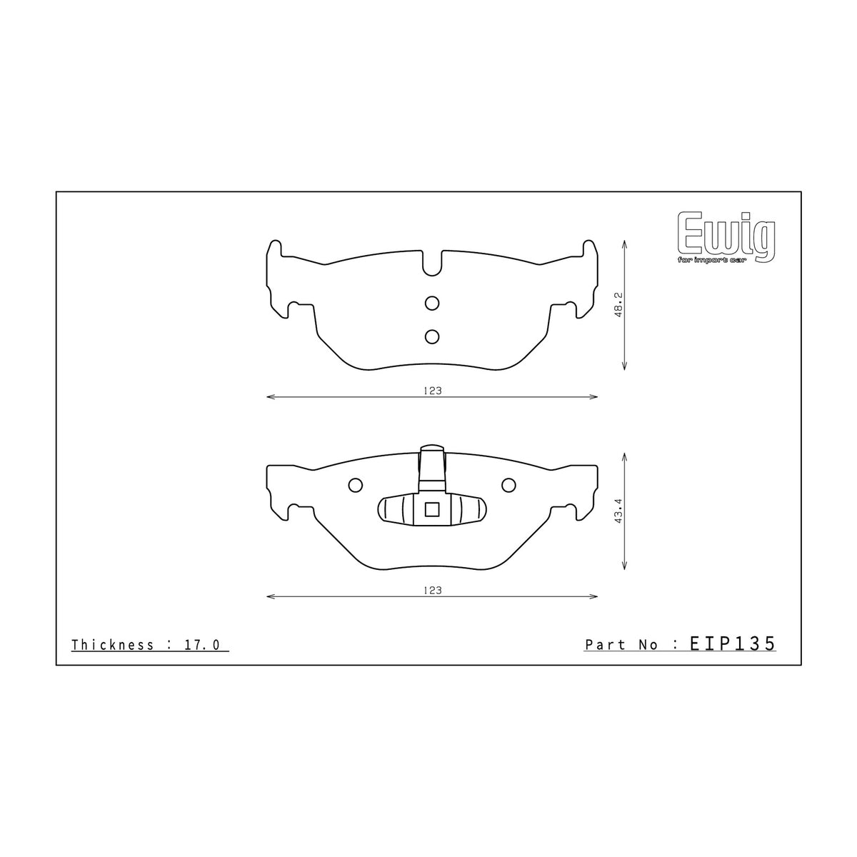 Endless EIP135 brake pad shape drawing and dimensions