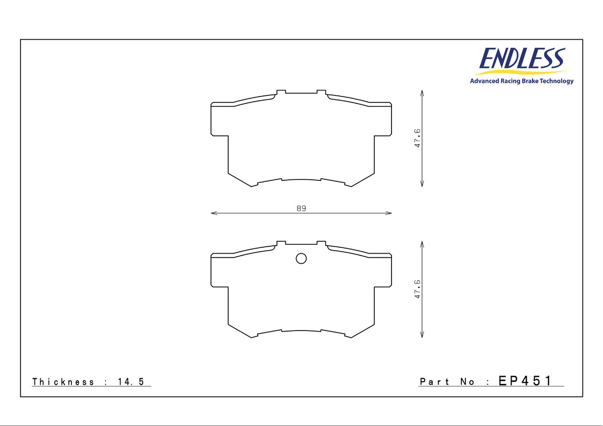 Endless EP451 brake pad shape drawing and dimensions