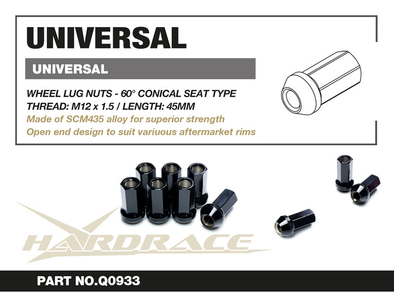 Hardrace Wheel Lug Nuts - M12 X 1.5 Length: 45mm Open-End Type 60° Conical Seat 20Pcs/Set