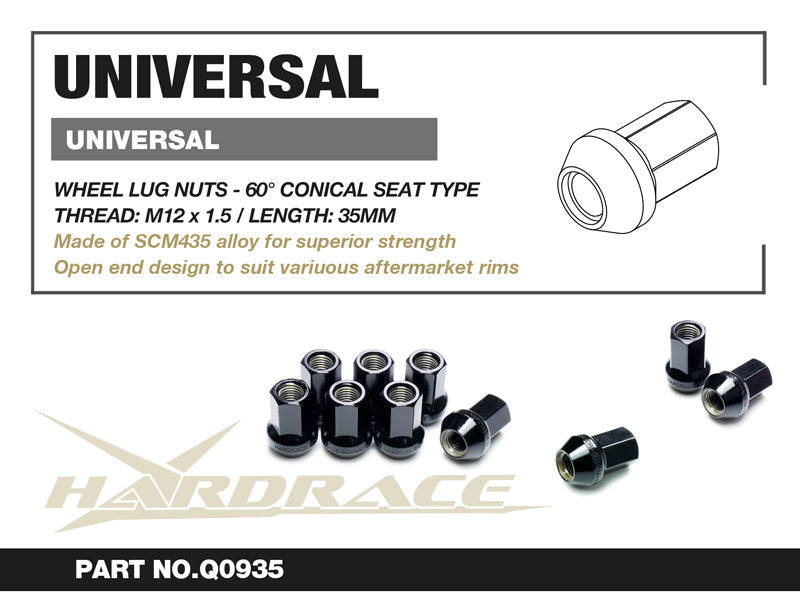 Hardrace Wheel Lug Nuts - M12 X 1.5 Length: 35mm Open-End Type 60° Conical Seat 20Pcs/Set