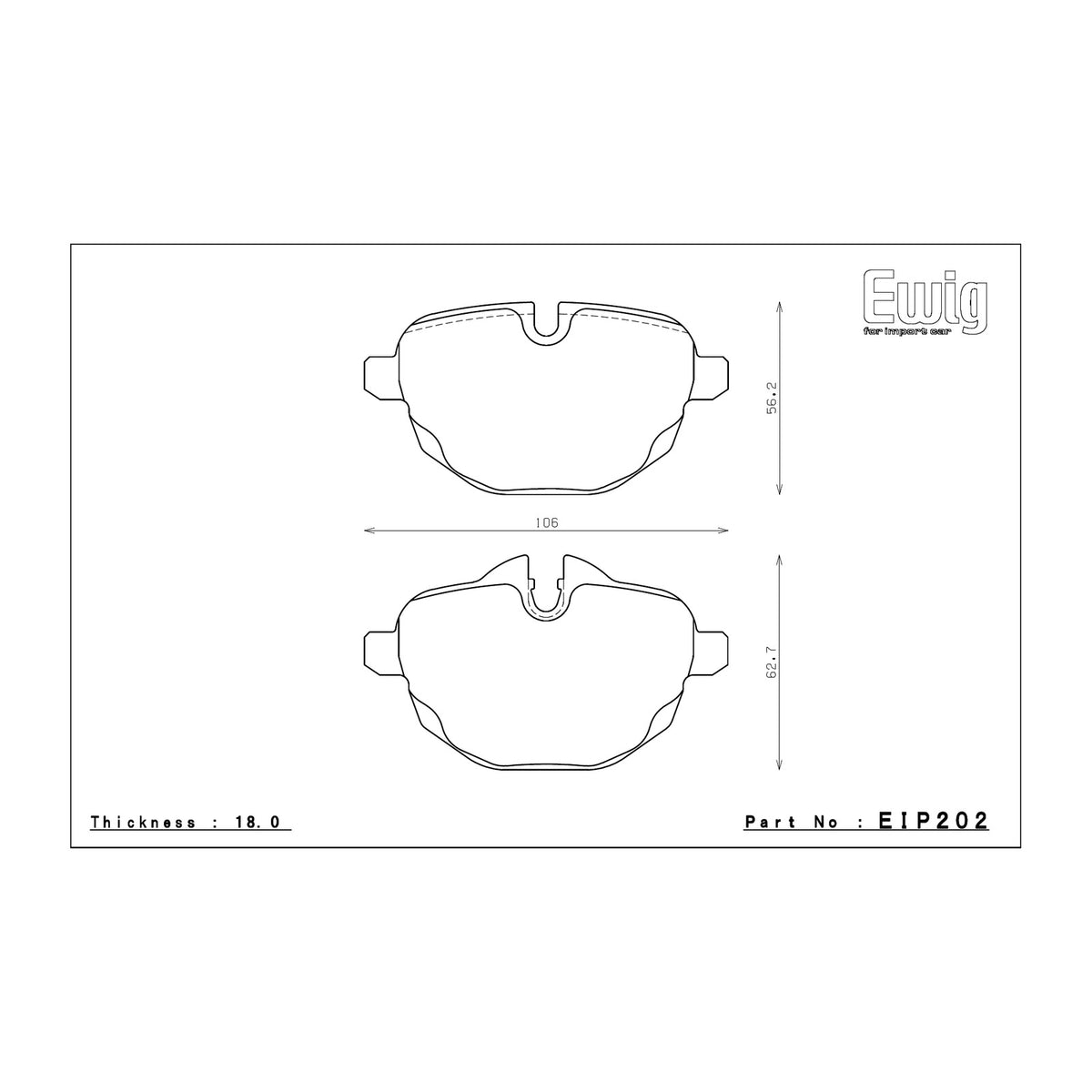 Endless EIP202 brake pad shape drawing and dimensions