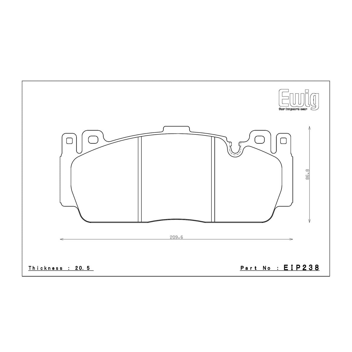 Endless EIP238 brake pad shape drawing and dimensions