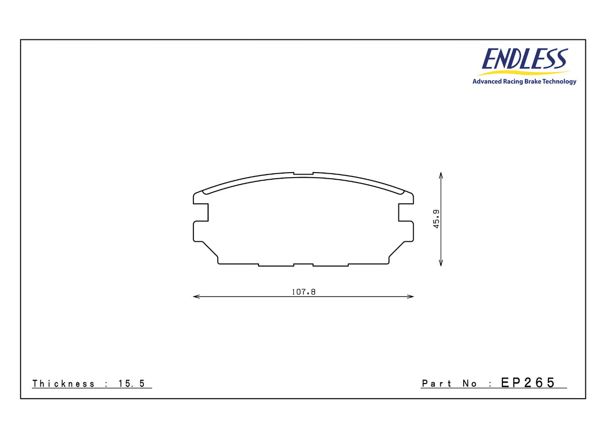 Endless EP265 brake pad shape drawing and dimensions