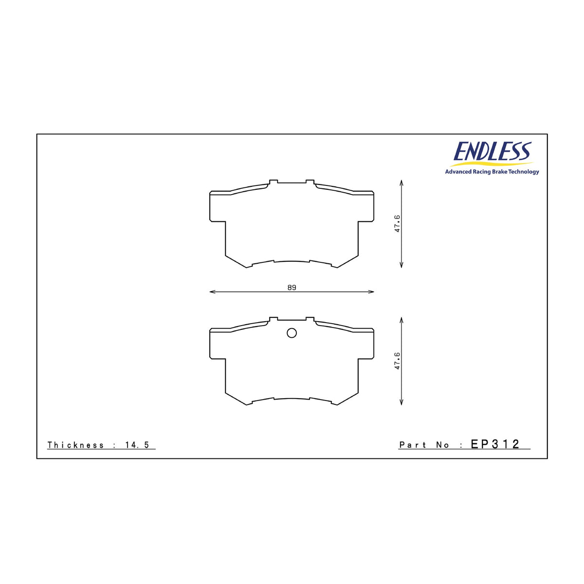 Endless EP312 brake pad shape drawing and dimensions