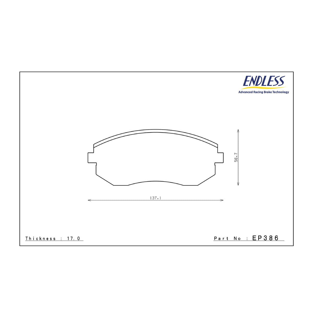 Endless EP386 brake pad shape drawing and dimensions