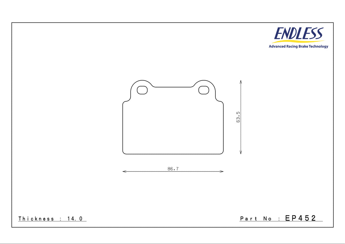Endless EP452 brake pad shape drawing and dimensions