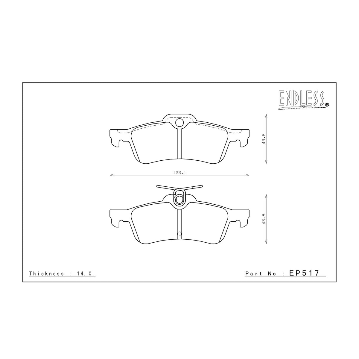 Endless EP517 brake pad shape drawing and dimensions